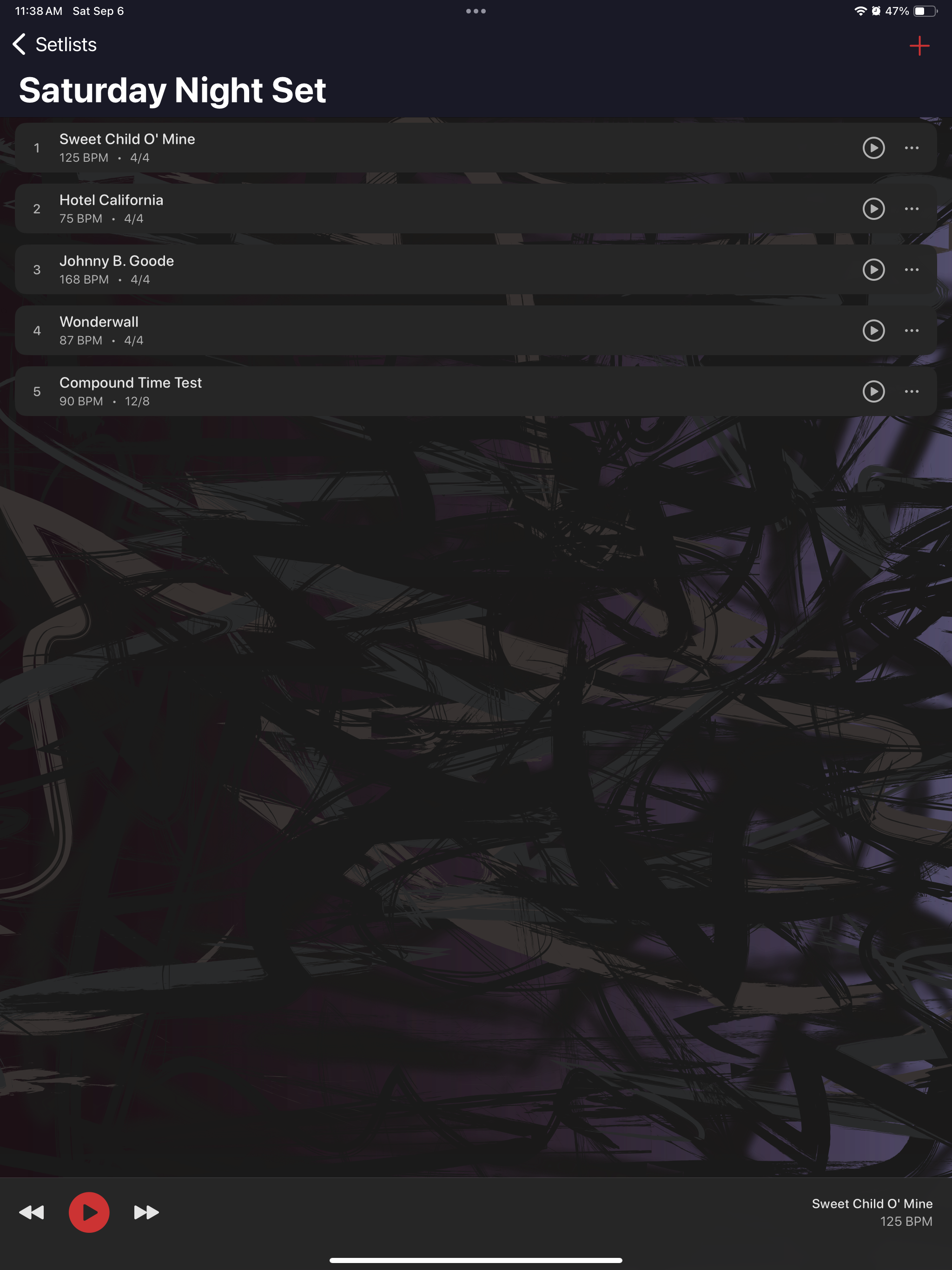 Setlist view showing recital playlist